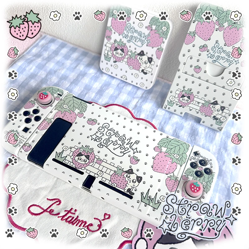 Afbeelding 4: Leuke Strawberry Kitten Switch Case voor Nintendo Switch 2/OLED/Lite Joy-Con Ins Style Console Beschermhoes Dock Compatibiliteit