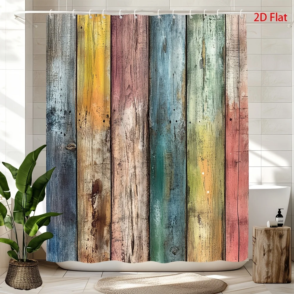 2D Flat 1pc Rustic Weathered Wooden Fence Shower Curtain Distressed Vertical Planks in Blue, Green, Red, Yellow, and Brown with