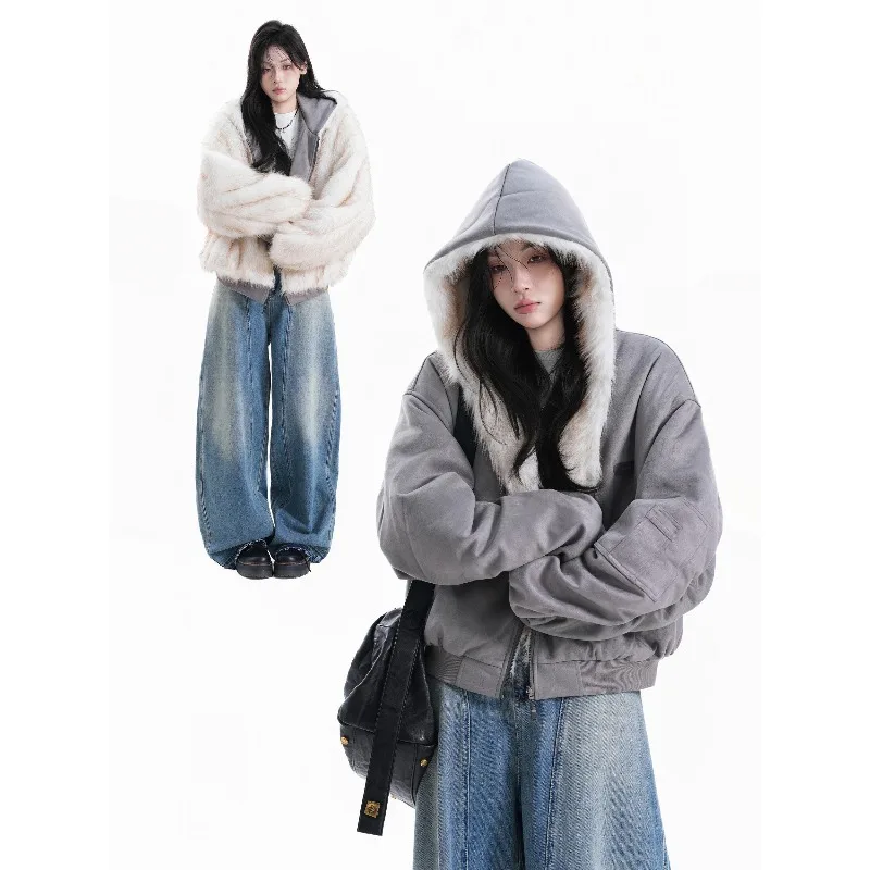 

Зимняя двусторонняя женская куртка с капюшоном и меховым воротником с толстым флисовым пальто, трендовая женская одежда
