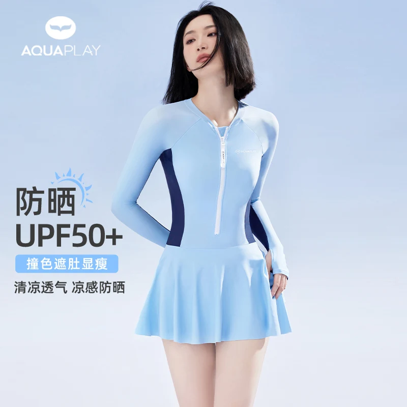 

AquaPlay Summer Women Sport Swimsuit One Piece Bathing Suit UPF50+ Beach Rash Guard Long Sleeve Rash Guard Surfing Diving