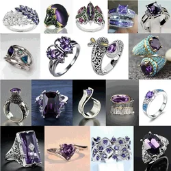 2023 Trendy Color Amethyst Rings for Women Large Square Purple Crystal Cubic Zircon Rhinestone Ring Fashion Party Jewelry