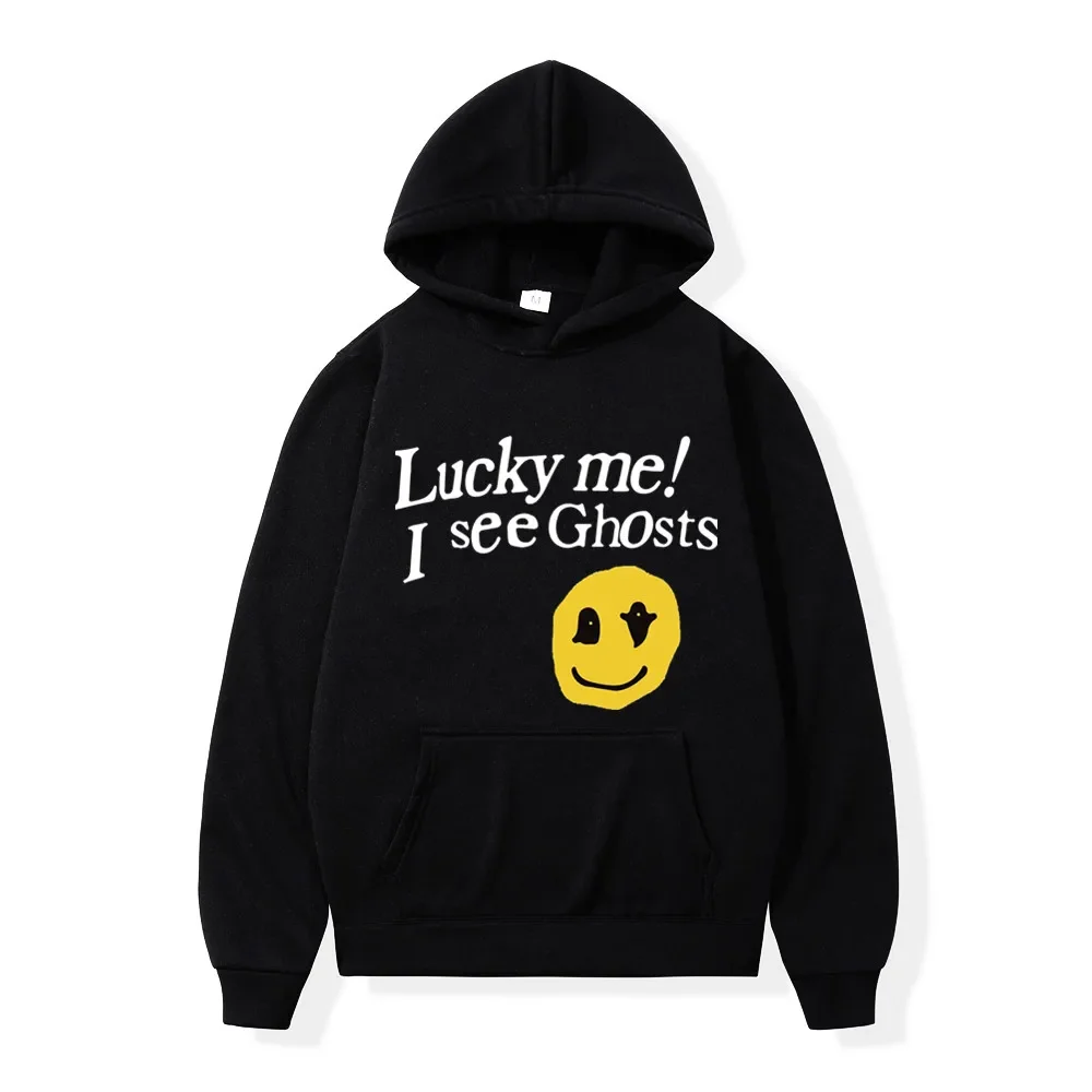 Fashion Hip Hop Smiley Print Hoodies Woma Lucky Me I See Ghost Harajuku Woma Hooded Sweatshirt Fleece Pullover Unisex Streetwear