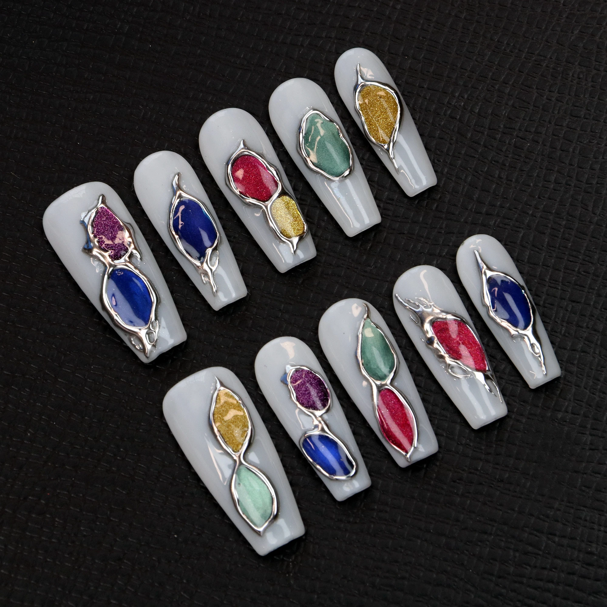 10Pcs Gothic Long Coffin Press On Nail,Dark Glam Punk Rock Fake Nails,Custom 3D Metallic Silver,Rainbow Cat Eye Glitter Gel Nail