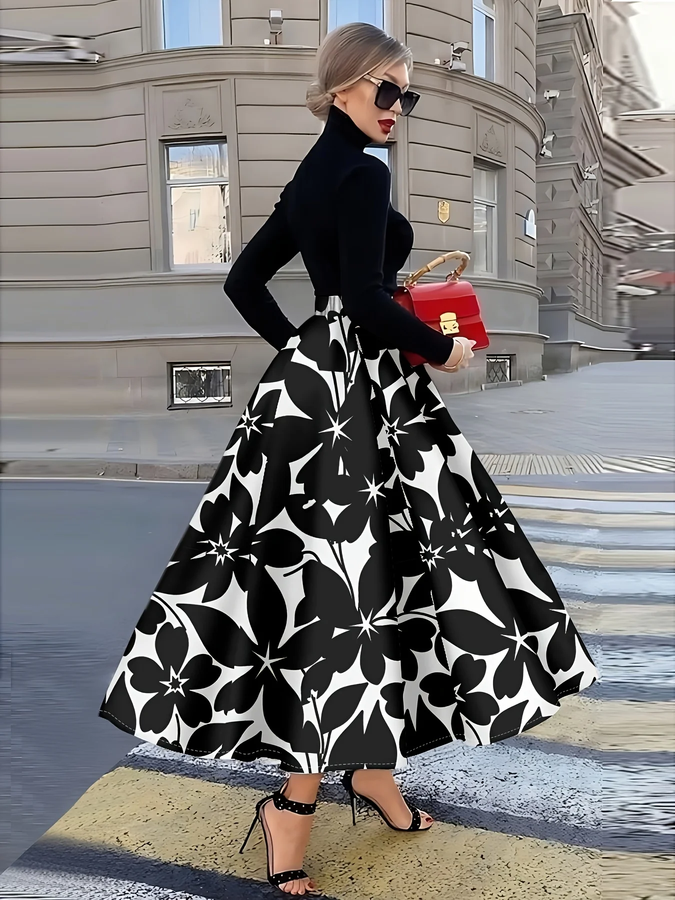 Printed Design Four Seasons Leisure Style Black and White Flower Pattern Half Skirt