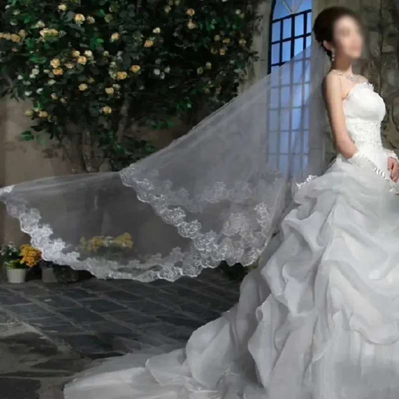 Women White Wedding Veil 3M Long Embroidered Floral Lace Scalloped Edge Bridal Cathedral 1 Layer Party