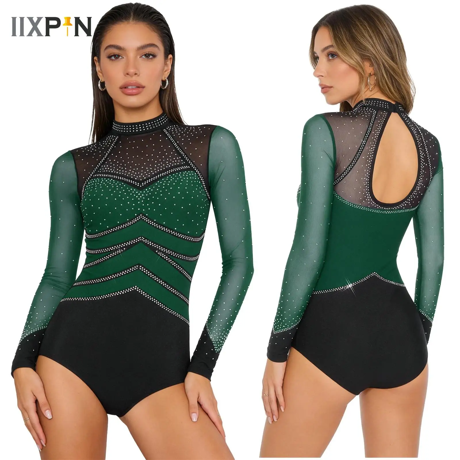 

Womens Rhythmic Gymnastics Ballet Tights Jersey Artistic Figure Skating Costume Rhinestone Long Sleeve Cutout Bodysuit Leotard