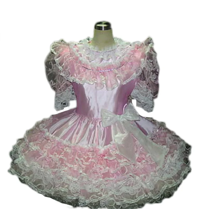 

New Hot Selling Adult Lockable Sissy Taffeta Pink Satin White Bow Lace Ruffle Maid Dress Custom