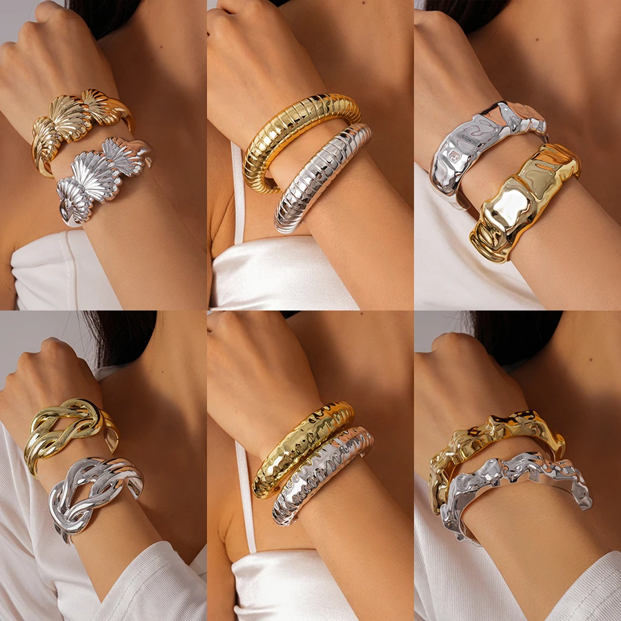 14 Styles Gold Silver Color Trendy Wide Acrylic Bangles for Women Men Irregular Bump Pattern Cuff Braclets Glamour Jewelry F