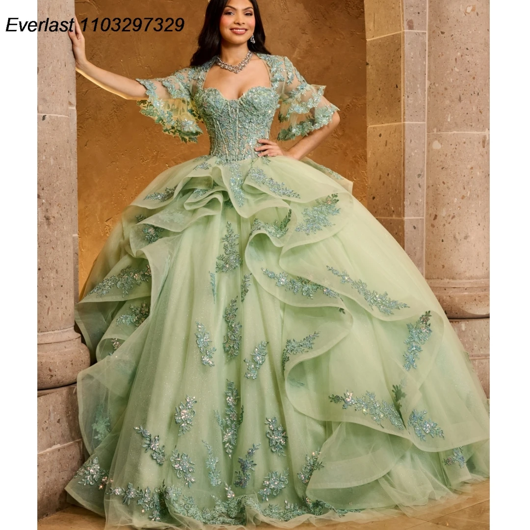 Evlast Glitter Mint Quinceanera Jurk Baljurk Kanten Applique Kristallen Kralen Met Cape Gelaagde Sweet 16 Vestido De 15 Anos Tqd461