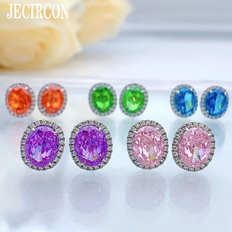 

JECIRCON Colorful High Carbon Diamond Stud Earrings S925 Sterling Silver Oval 8*10mm Beautiful ins Women ear Jewelry Super Shiny