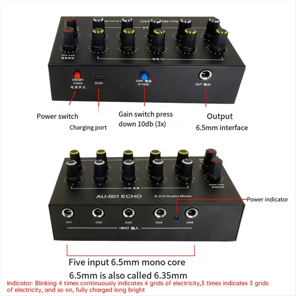 AU-501 Condenser Microphone Expander 5 Channel 6.5mm Microphone Mixer Multi-Channel Input Expander Hub