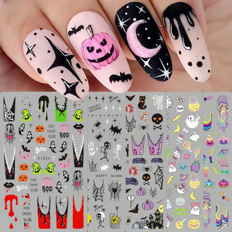 2024 New Halloween Nail Stickers Kawaii Cartoon Cat Nail Supplies Nail Decal Y2K Skull Bat Pumpkin Stickers For Nails Decoration