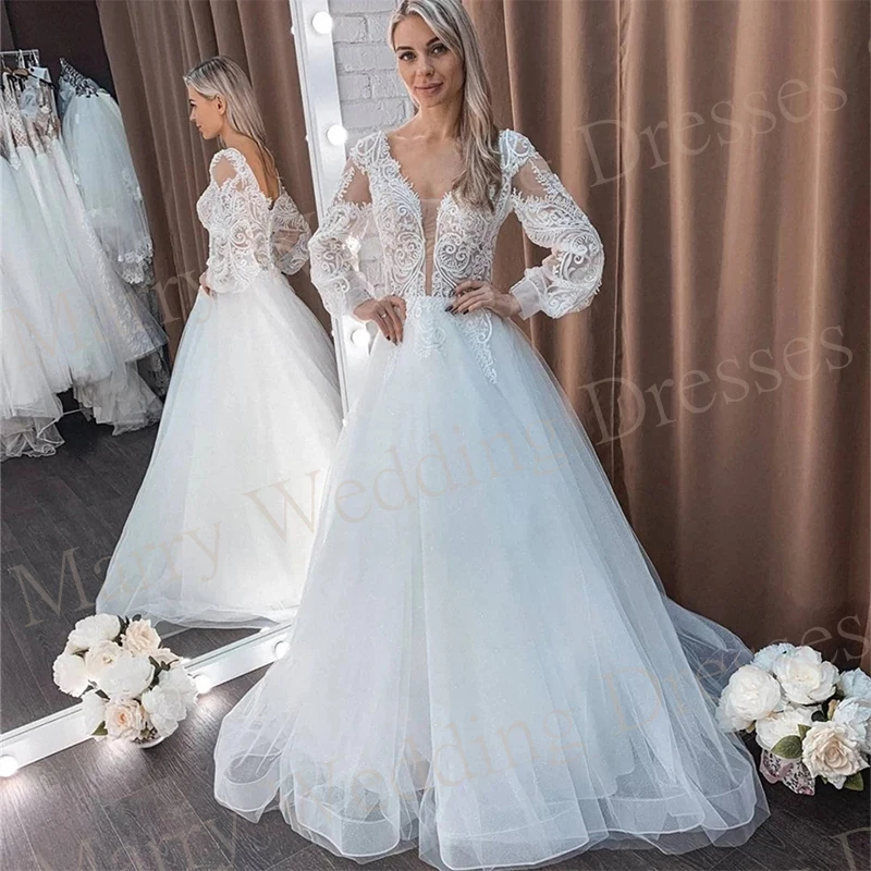 Graceful Modern A Line Women's Wedding Dresses Exquisite Appliques Lace Up Bride Gowns Generous Long Sleeve Vestidos De Novias