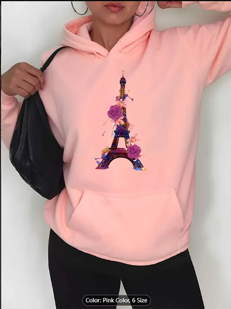 

Женская розовая толстовка с капюшоном Эйфелева башня и розовым графическим принтом, повседневная негабаритная толстовка с капюшоном на шнурке для любителей путешествий, чистый хлопок