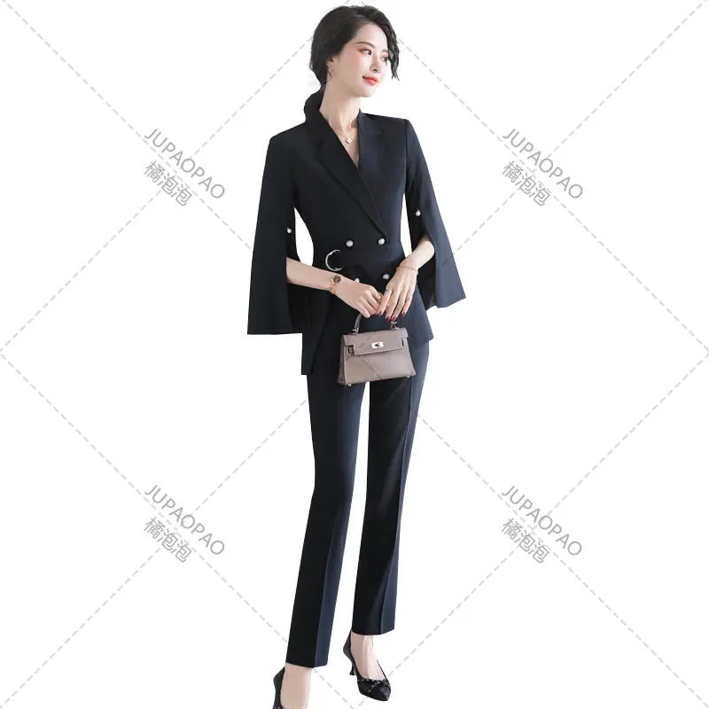 Traje elegante de manga tres cuartos para mujer, Blazer con cinturón, abrigo y pantalón de tubo, conjunto de dos piezas a la moda, 4XL