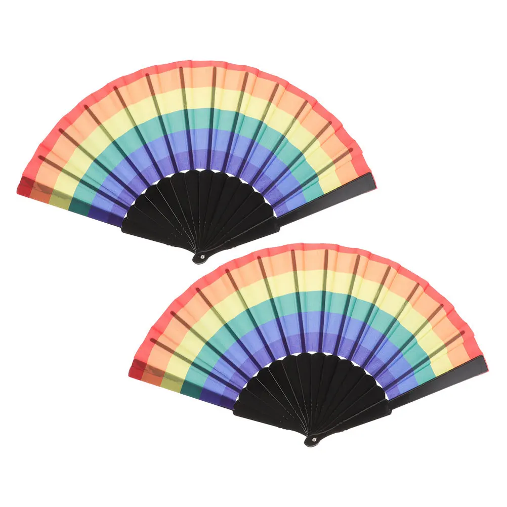 

2Pcs Rainbow Folding Fan Plastic Frame Handmade Decorative Hand Wedding Dance Prop Decorative Folding Fans
