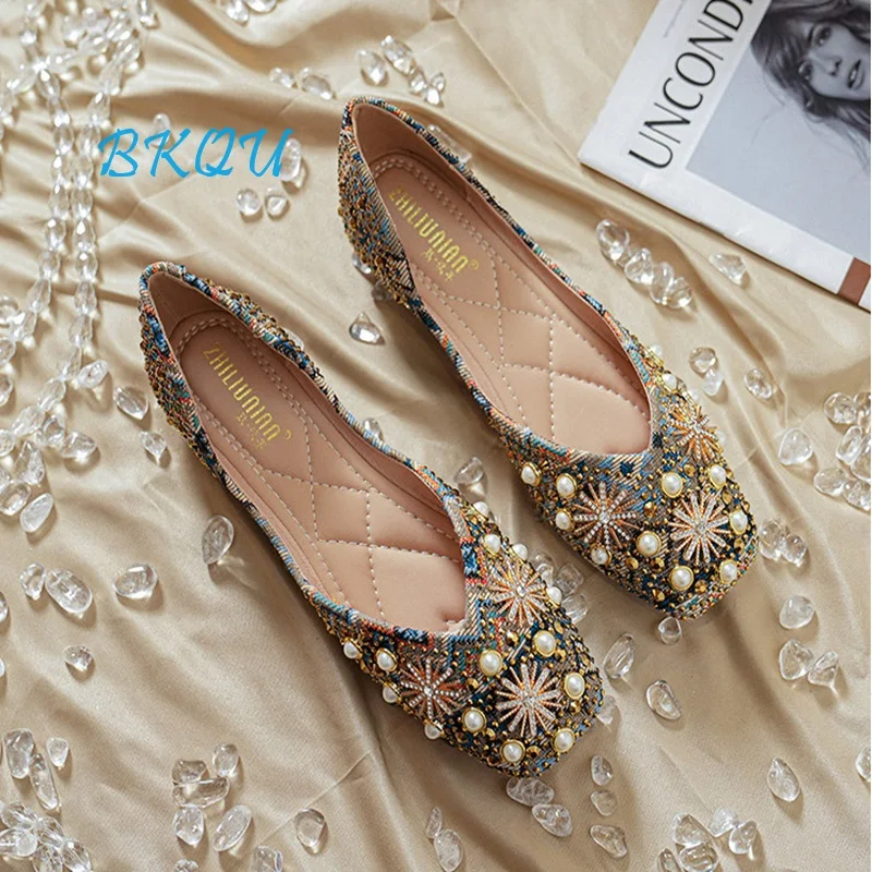 

BKQU Brand 2024 Spring/summer New Women's Huarache Muller Shoes Rivet Rhinestone Female Flipflop Ballet