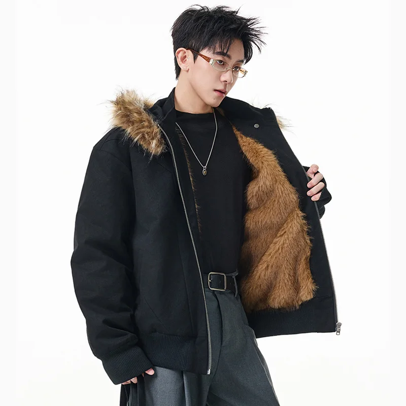 

Inner Fur Hooded Jacket Men Winter Streetwear Fashion Loose Causal Detachable Hat Thicken Bomber Jacket Parkas Coat Outerwear