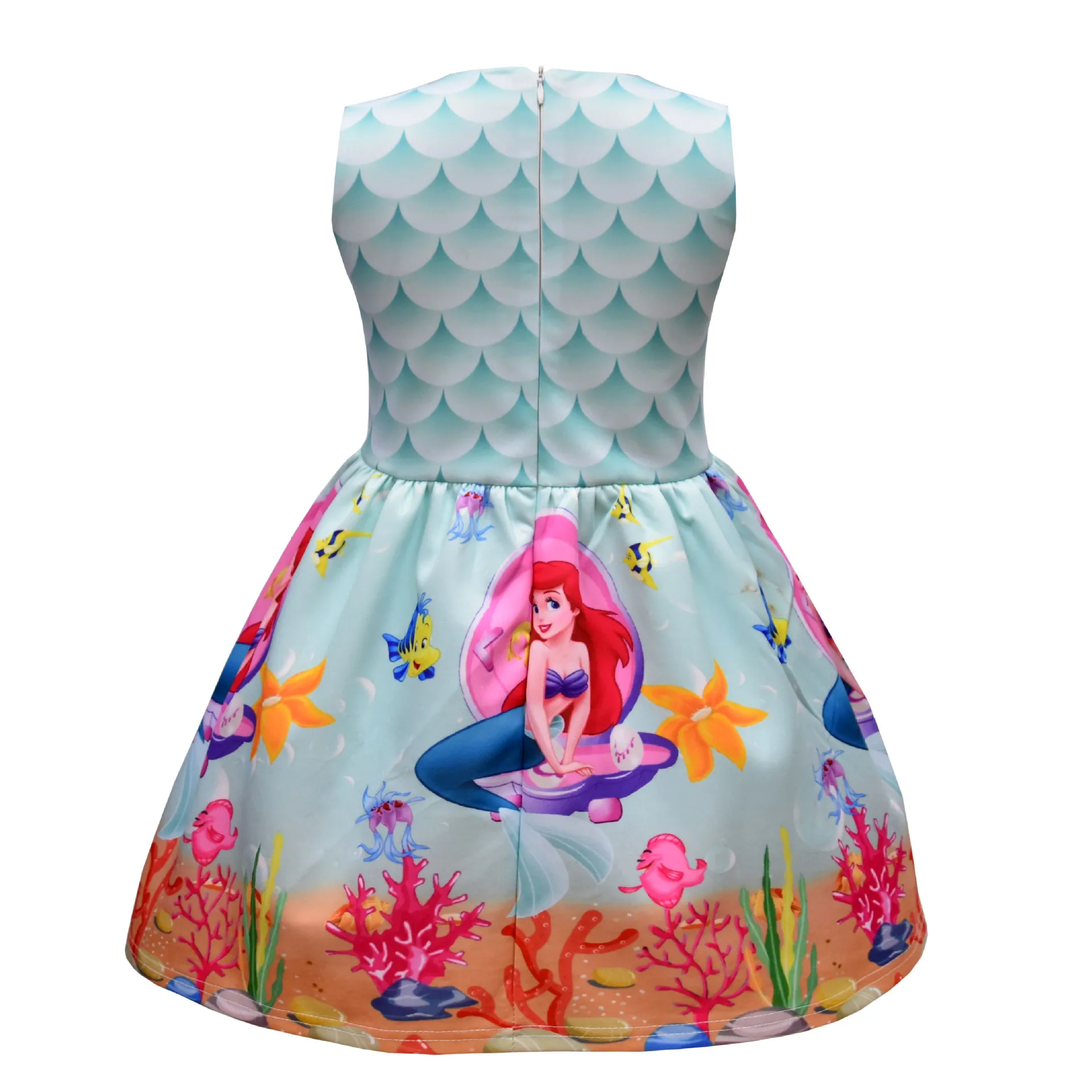 Disney Cartoon Children's Dress for Girls Mermaid Princess Fish Scale Printed Girl Princess Summer Dress Birthday Party Outfits