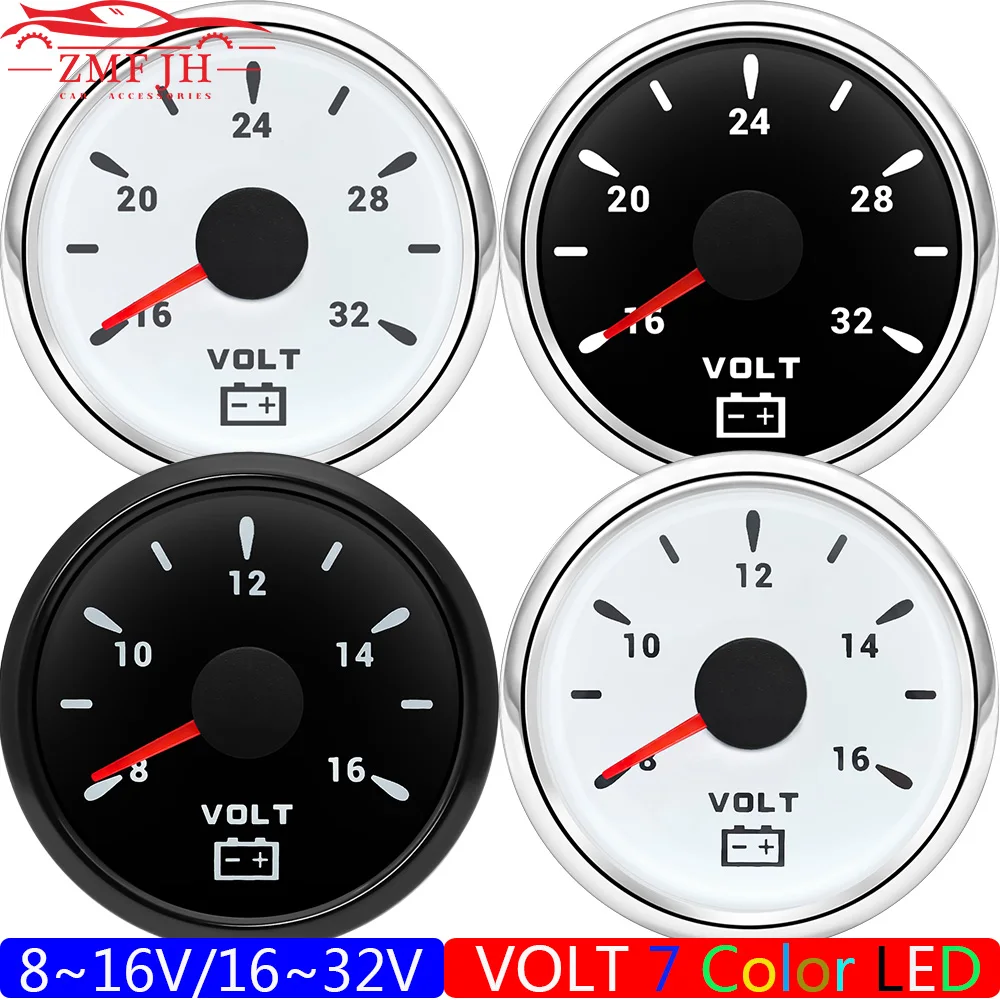 

Auto Car Gauge 2" 52MM Voltmeter for Marine Boat 8-16V 16-32V VOLTS with 7 Color Backlight IP67 Waterproof Volt Meter Indicator