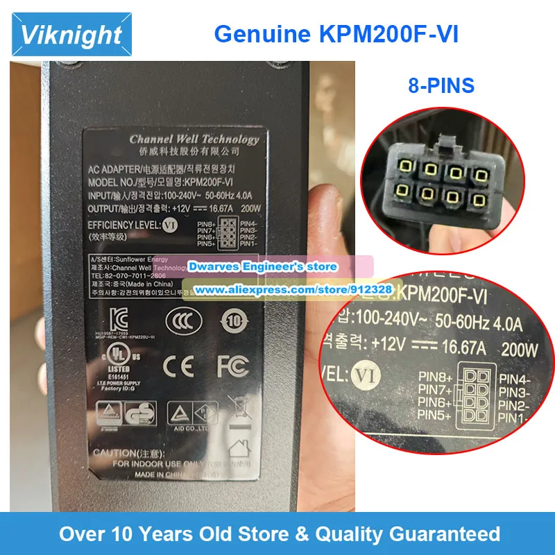 Genuine KPM200F-VI AC Adapter 12V 16.67A 200W for CWT Power Supply Molex-8pins