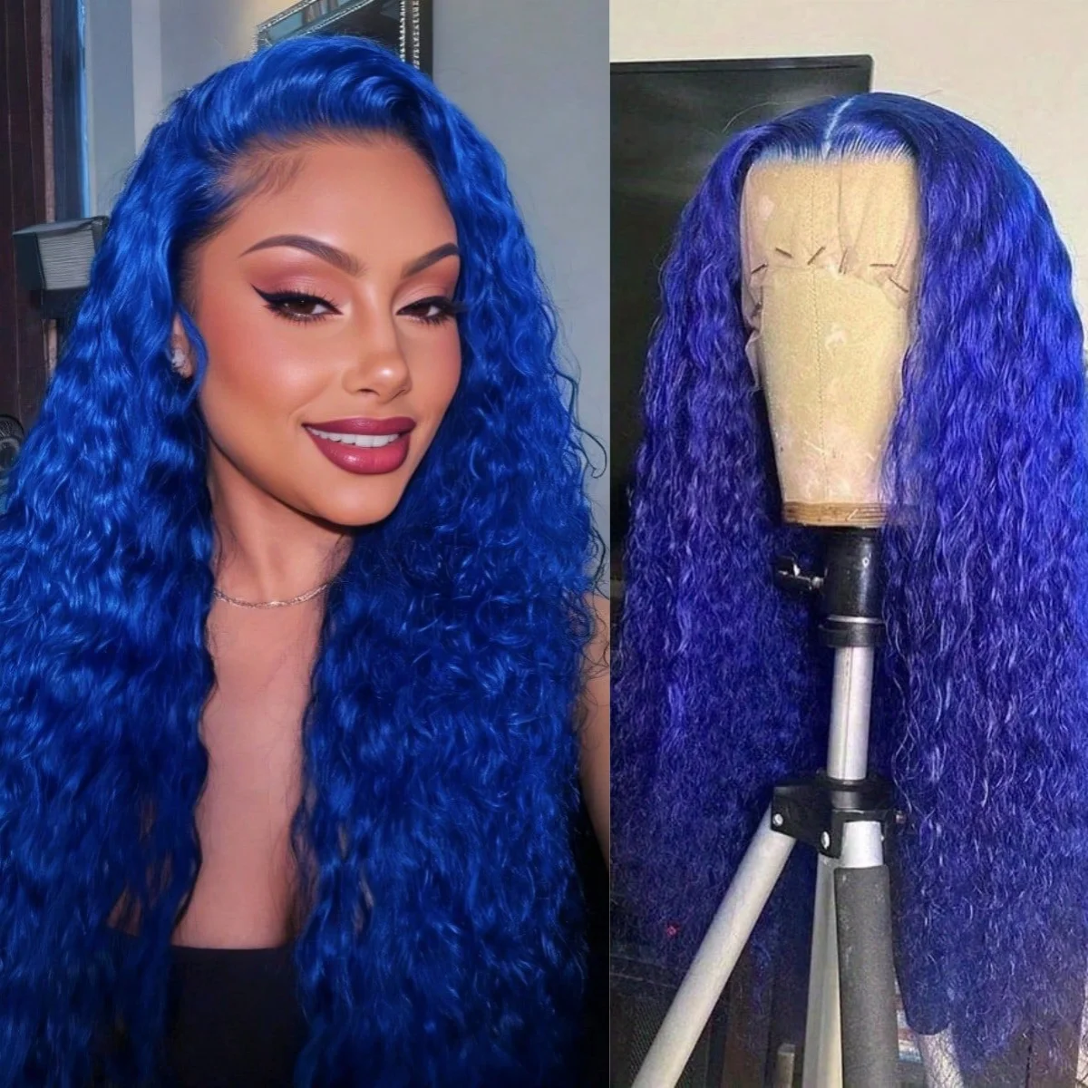 

Синие вьющиеся парики Свободные глубокие волны Кружевной фронтальный парик 13X4 HD Прозрачный синтетический предварительно сорванный термостойкий косплей для женщин