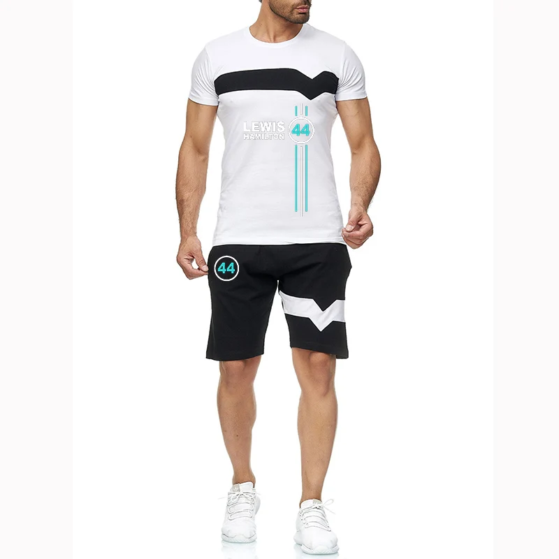 F1 driver Lewis Hamilton digital 44 summer men's casual T-shirt+shorts new four-color splicing short sleeve two-piece suit