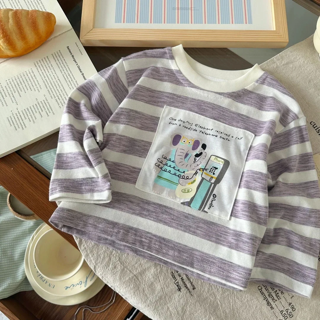 Autumn Baby Boys Tops Striped Letter Cartoon Printed Kids Baby Boys T-shirts Round Neck Long Sleeves Casual Toddler Boys Tees