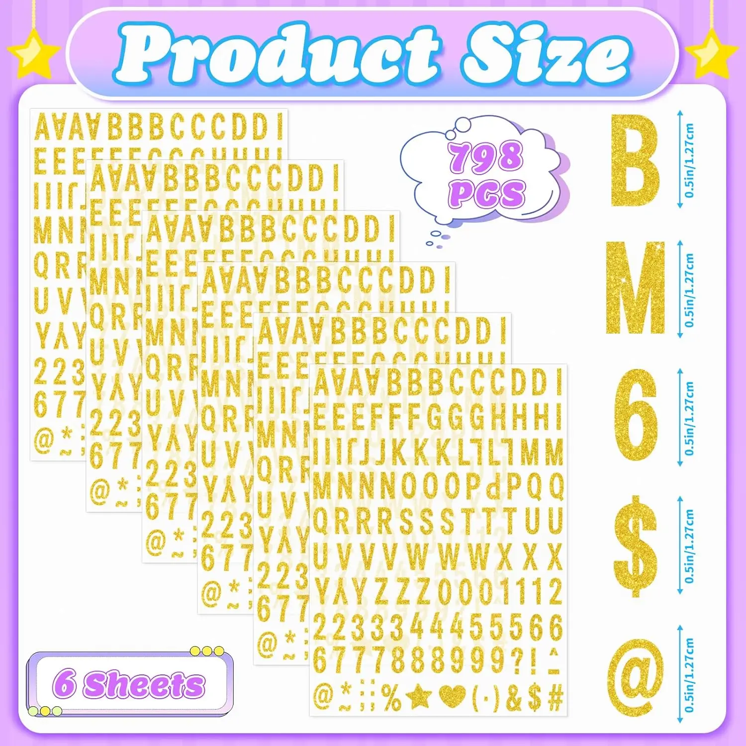 6 Sheets 0.5 Inch Gold Glitter Alphabet & Number Stickers, Small Self-Adhesive Letter Stickers for Graduation Cap, Scrapbooking