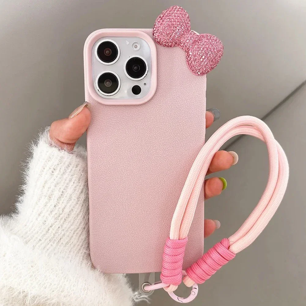 Funda de teléfono suave con patrón de Litchi y lazo de diamantes de imitación 3D para iPhone 16 15 14 13 12 11 Pro Max Plus X XS XR con cubierta de cuerda con cordón