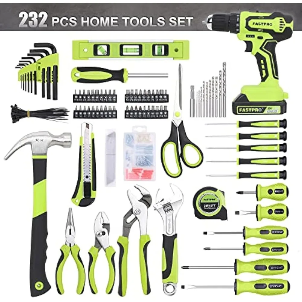 FASTPRO 232-Piece 20V Cordless Lithium-ion Drill Driver and Home Tool Set, Household Repairing Tool Kit with Drill