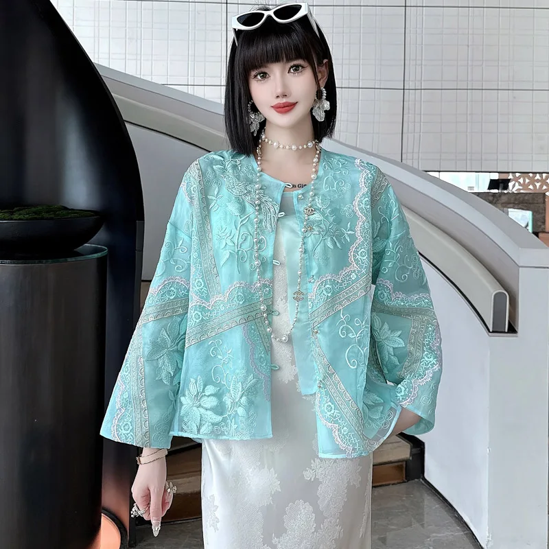 

High End Silk Blouse for Women's Spring Summer Flowers New Loose Embroidery Sunscreen Top S-XXL