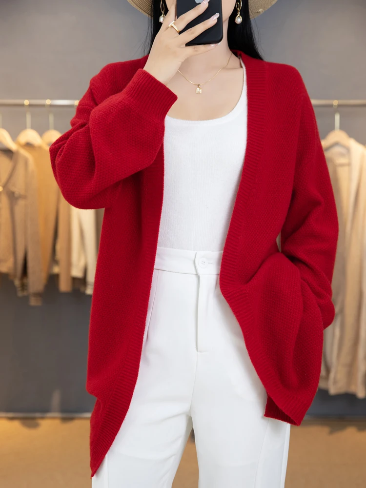 ADDONEE donna Cardigan lungo autunno inverno maglione di cachemire Casual cappotto stile allentato 100% lana Merino maglieria moda coreana top