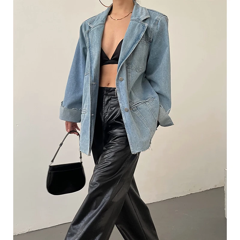 

Denim Coat Tight Fitted Womens Autumn Epaulettes Bomber Fluffy Ruffled Collared Grunge Camping Blended Mid-Length Baggy Retro OL