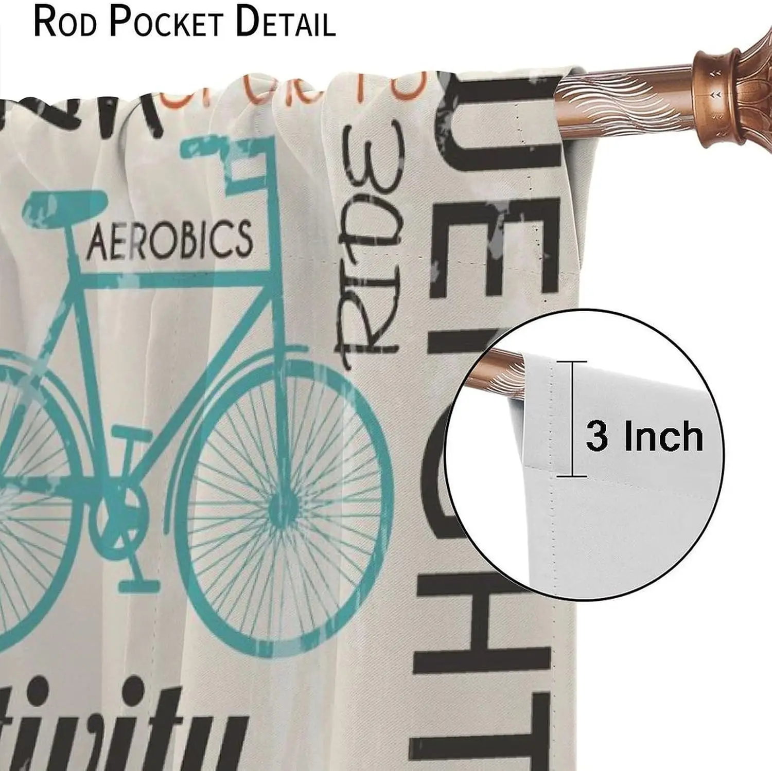 Fitness Sports Word Art Curtains 2 Panels, Dumbbell Bike Weight Scale Vintage Print Light Cream Gym Workout Bedroom Curtain