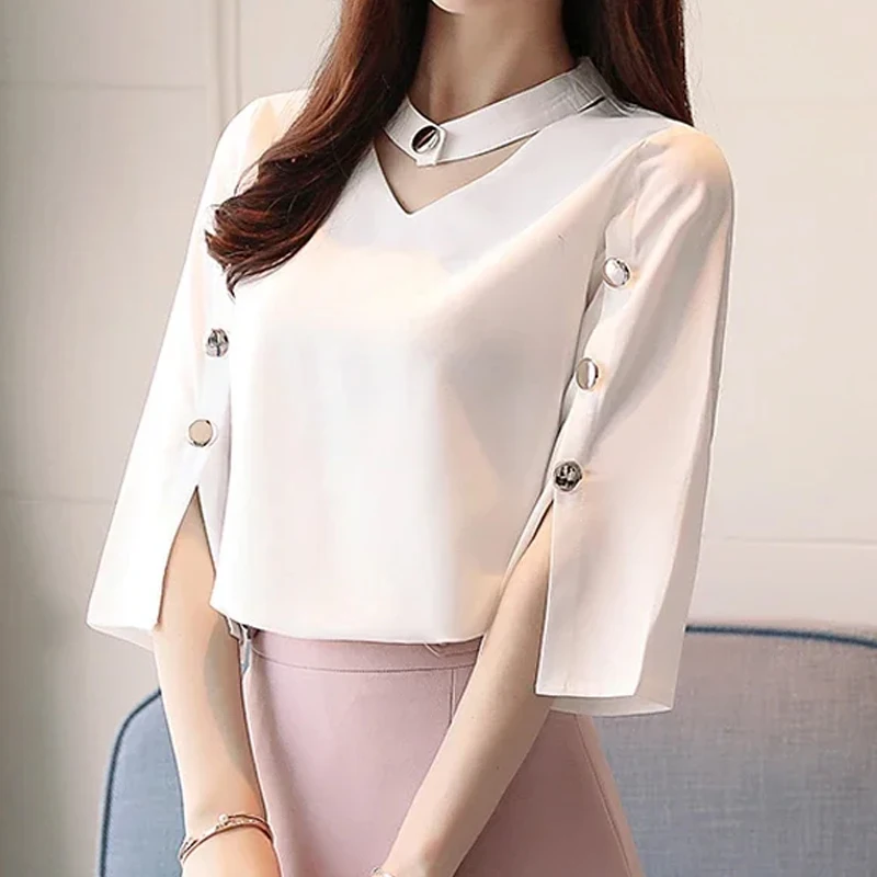 Summer Elegant White Women Blouse New Ladies Tops Casual Solid White Woman Clothes Three Quarter V-Neck 2994