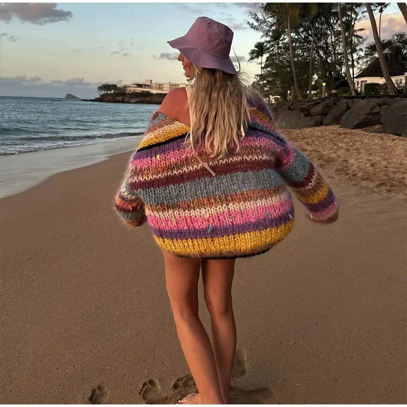 Casual Striped Knitted Cardigan Women Elegant Long Sleeve Rainbow Color Loose Sweater 2024 New Autumn Female High Streetwear