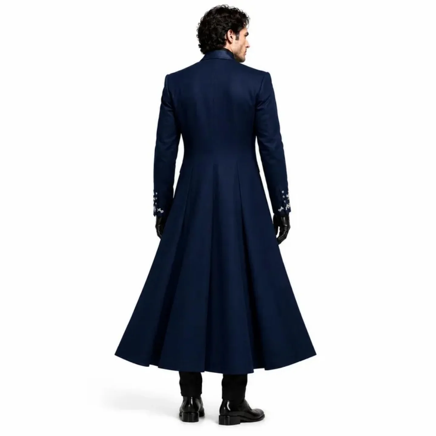 Men Luxury Navy Blue Gothic Long Tail Coat Suit 3 Pieces Jacket Vest Pants Silver Embroidery Wedding Groom Evening Customized