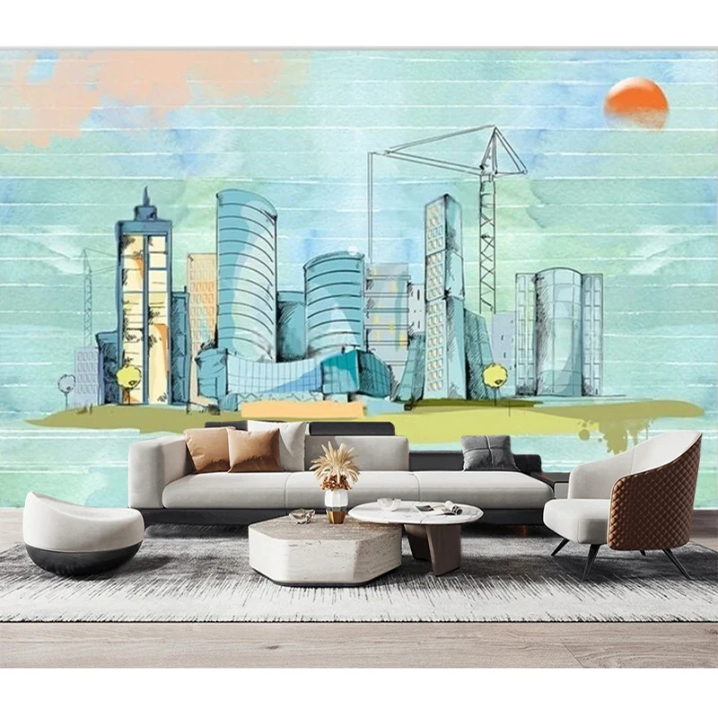 Modern And Simple Watercolor Hand-Painted Lines Urban Architecture TV Luxury Home Decoration Bedroom Background Wall Paper