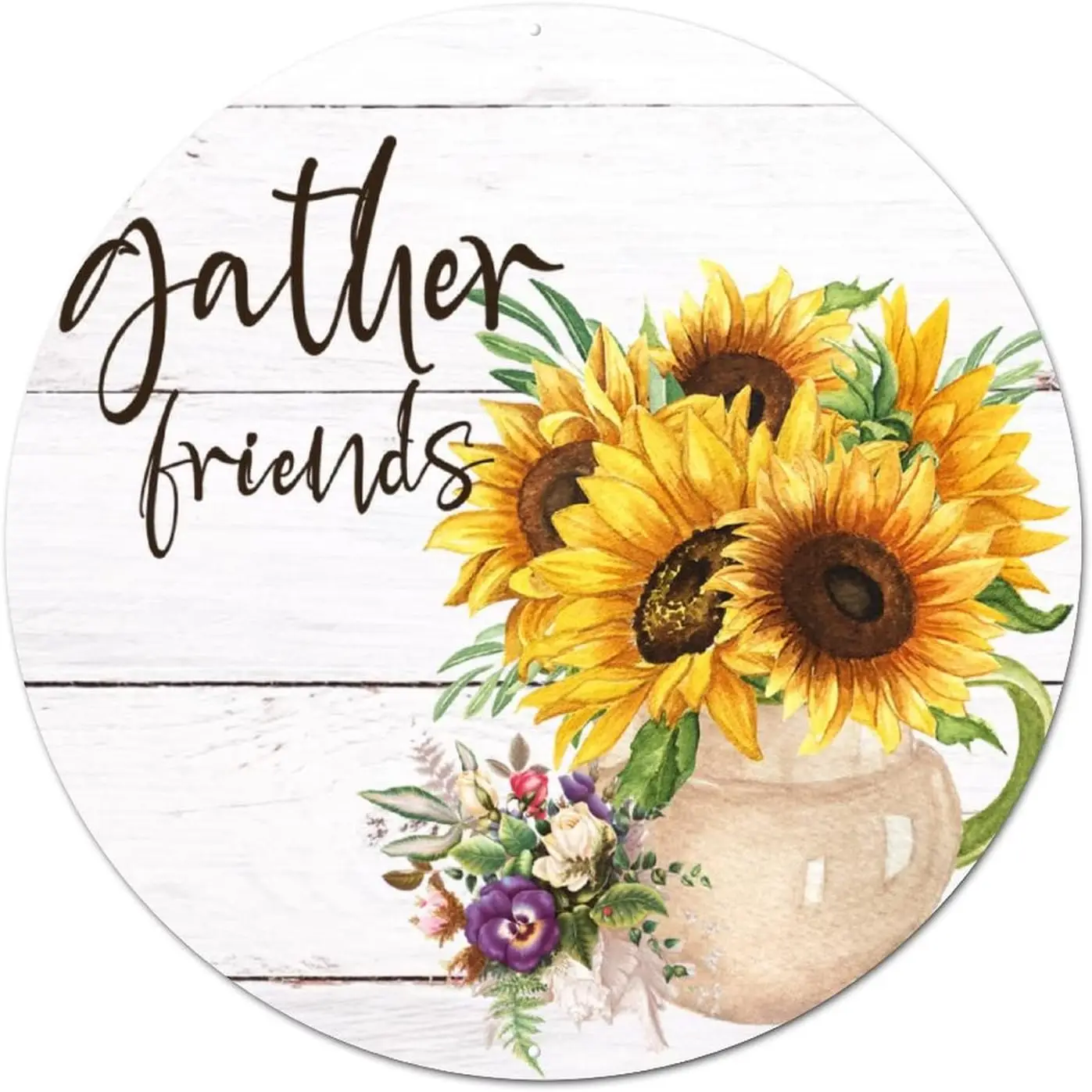 Welcome Sign for Wall Gather Friend Round Tin Sign Sunflower Metal Tin Sign Botanical Plant 12in Easy to Mount Antique Poster Pl