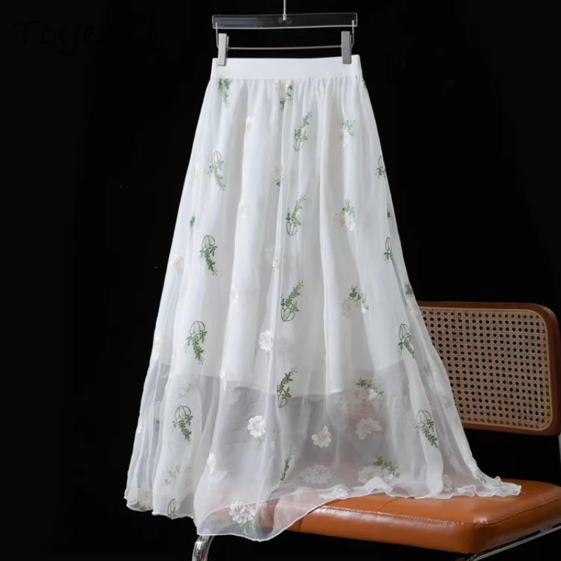 

Tcyeek 100% Real Silk Women Skirts 2026 Summer French Country Style Embroidered Flowing Skirt Woman Clothing Faldones Para Mujer
