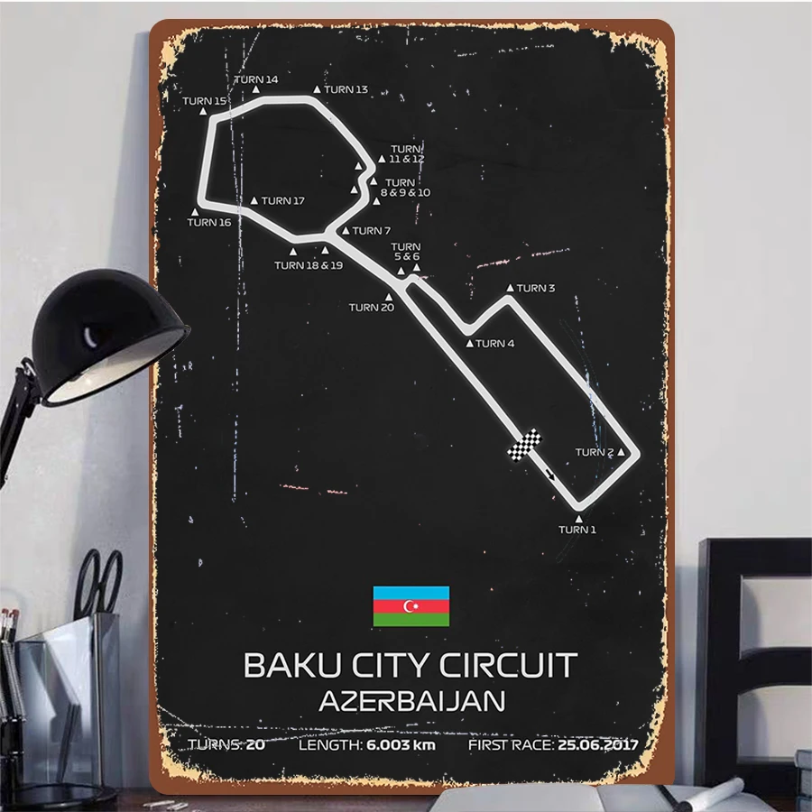 ملصق معدني لدائرة مدينة باكو F1 Racing Track Art سباق أذربيجان Grand Prix ديكور قابل للجمع #2