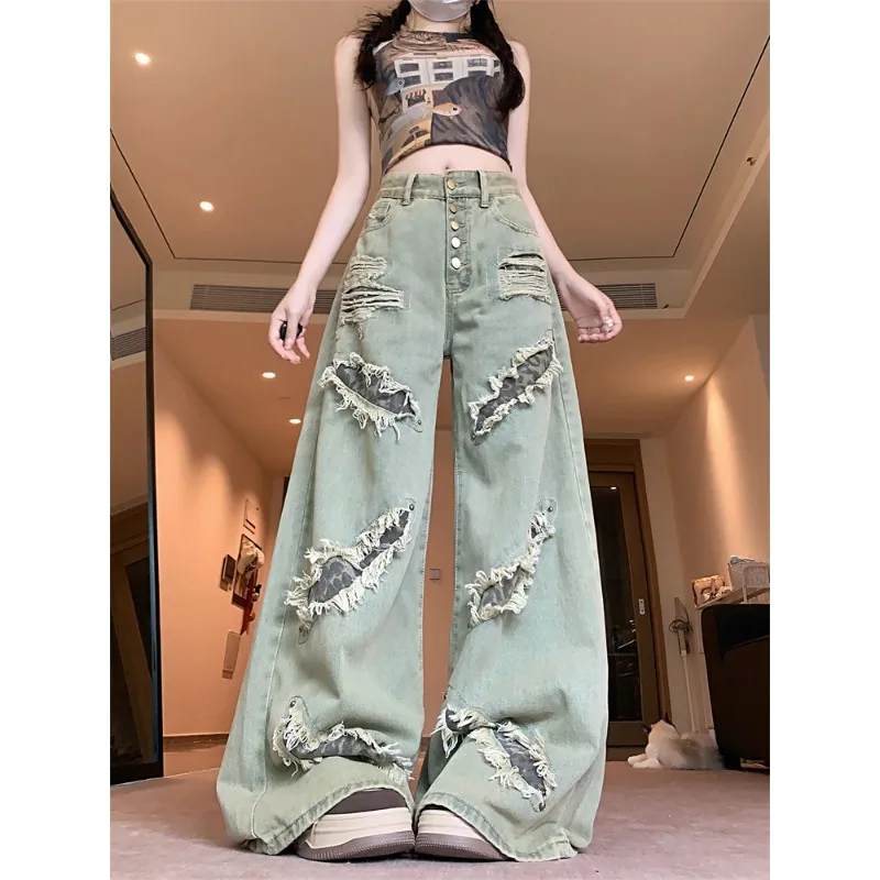 อเมริกัน Retro Wasteland Fengshui ซักผ้าเก่า Ripped กางเกงยีนส์ผู้หญิงฤดูร้อนฤดูใบไม้ร่วงสไตล์ใหม่ High-End Niche กว้างขากางเกง