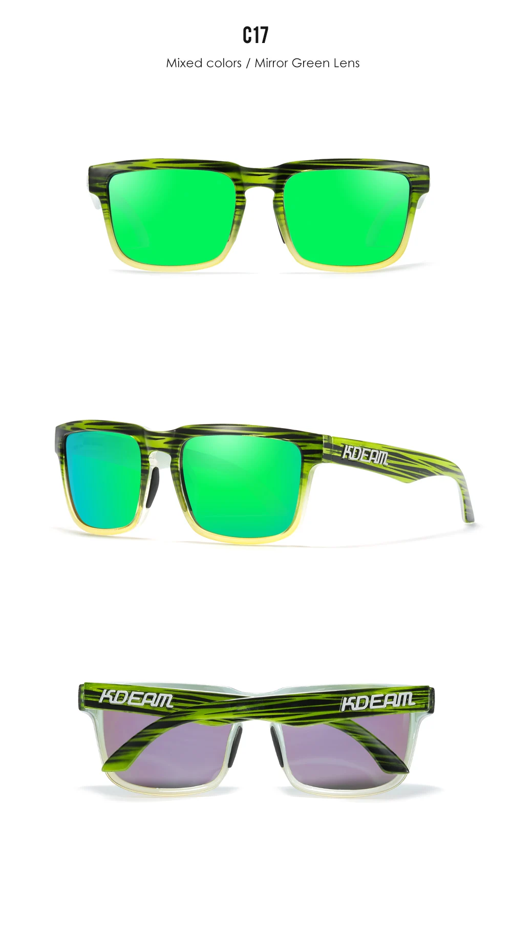 Neue hochwertige quadratische Sonnenbrille für Herren der Marke KDEAM, farbige Sport-Polarisations-Sonnenbrille mit reflektierender Beschichtung und verspiegelten Gläsern – Detail 40