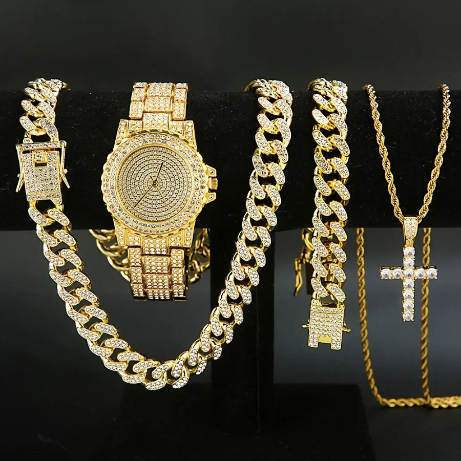 4-piece set, men's watch set, men's Cuban necklace bracelet set, men's cross necklace set