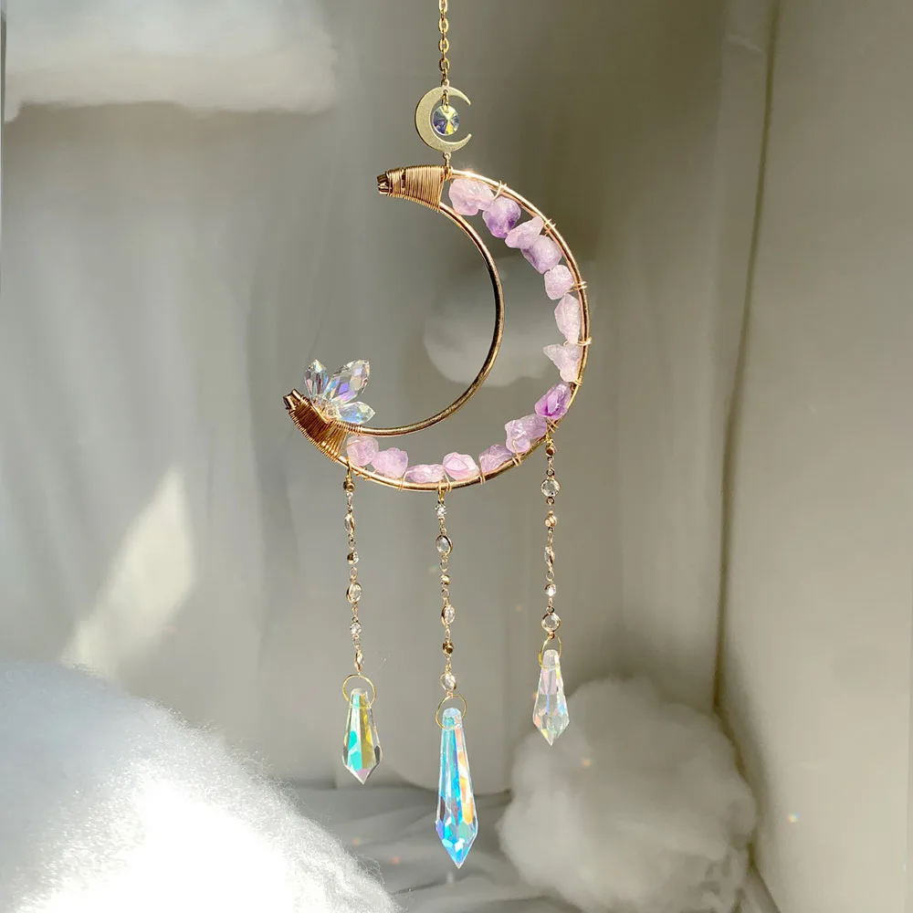 Custom DogTooth Amethyst Stone Moon Sun Catcher - Crystal Butterfly & Prism Pendants Hanging Ornament for Window Decor