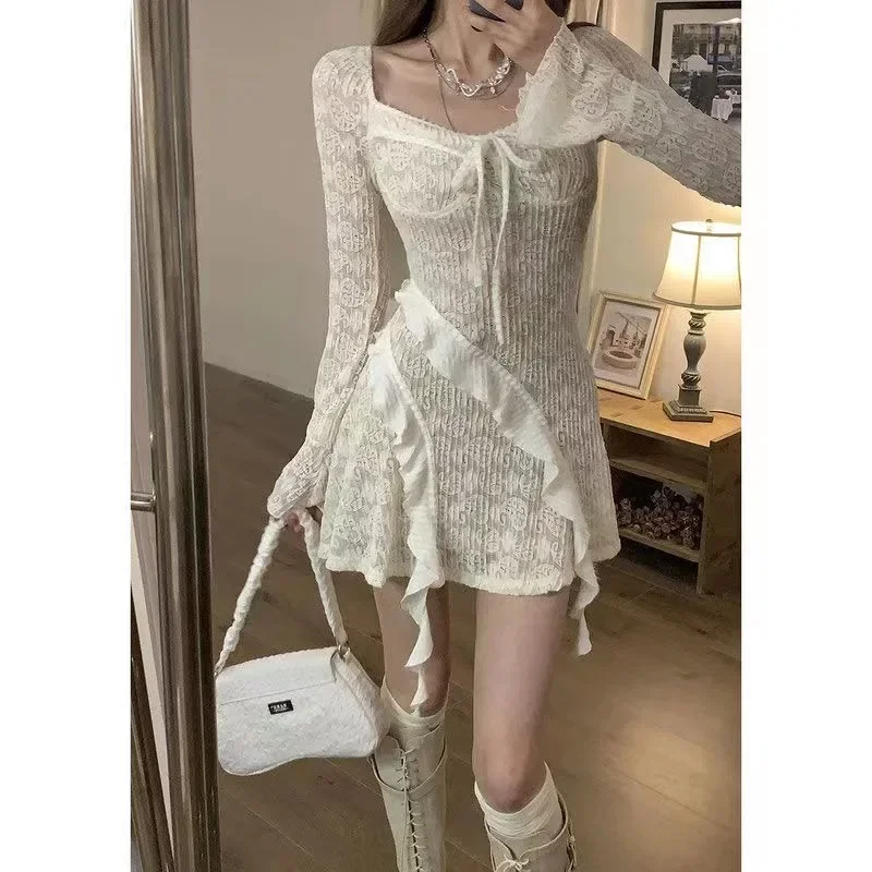 MiiiiX Elegant Sweet Girl Lace Dress Women's 2024 Winter Slim Lace-up Drawstring Design Thicken Sheath Dress Female Clothing