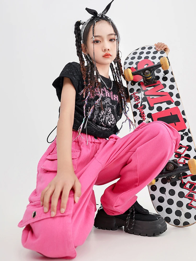 2023 Roupas de dança jazz para meninas Tops curtos Pink Cargo Pants Hip Hop Dance Costume Crianças Kpop Stage Performance Outfit BL10536