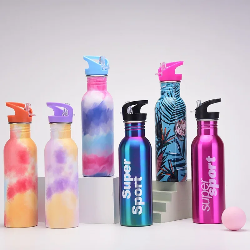 Single-layer Stainless Steel Cup Tie-dye with Straw Outdoor Sports Water Bottle Portable Hand-held Water Glass