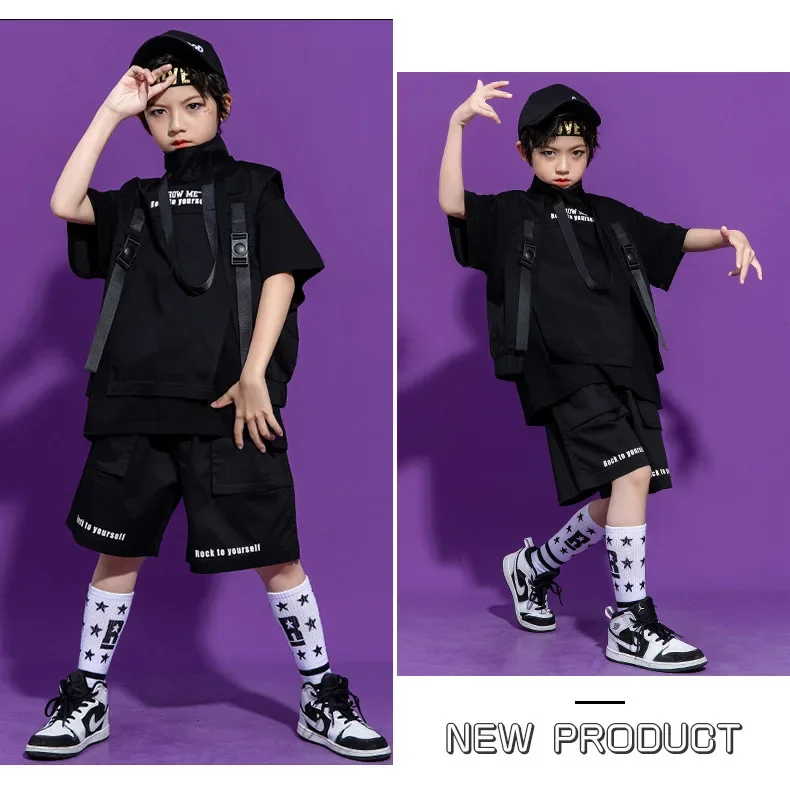 Kinder Hip-Hop-Kleidung, ärmelloses Jackenoberteil, T-Shirt, Streetwear, taktische Cargo-Jogginghose für Mädchen und Jungen, Tanzkostüm, Kleidung. – Detail 12